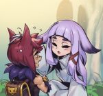  1boy 1girl animal_ears backpack bag blush character_request flying_sweatdrops fur_collar grass grey_hair grey_kimono japanese_clothes kimono league_of_legends long_hair long_sleeves mother_and_son open_mouth orange_eyes outdoors phantom_ix_row redhead sett_(league_of_legends) sharp_teeth shiny_skin teeth upper_teeth_only wide_sleeves 