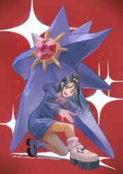  1girl black_hair blue_hoodie boots colored_skin commentary_request cube_hair_ornament earclip gem grey_eyes hair_ornament highres hood hood_down hoodie jacket kikuyoshi_(tracco) leggings lida_(pokemon) long_hair long_legs long_sleeves looking_at_viewer mega_pokemon mega_starmie no_eyes open_mouth orange_leggings pokemon pokemon_(creature) pokemon_legends:_z-a purple_skin red_gemstone ribbed_socks shirt smile socks star_(symbol) starfish starmie topknot two-tone_legwear white_boots white_leggings white_socks wispy_bangs 