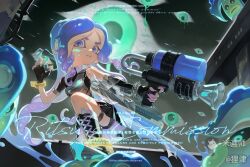  1girl absurdres anklet armor asymmetrical_gloves asymmetrical_sleeves black_boots black_gloves black_shirt black_skirt blue_hair boots breastplate clenched_teeth collared_shirt colored_extremities commission drill_hair elbow_gloves fingerless_gloves fingernails gloves gradient_hair highres holding holding_weapon jewelry lace-up_boots long_hair long_sleeves looking_at_viewer mihuashi_506932 mihuashi_commission mihuashi_logo mismatched_sleeves multicolored_hair octo_shot_(splatoon) octoling octoling_girl octoling_player_character octotrooper paint_splatter paint_splatter_on_face parted_bangs purple_hair sanitized_(splatoon) see-through_clothes see-through_sleeves sharp_fingernails shirt short_sleeves single_elbow_glove skirt splatana_wiper_(splatoon) splatoon_(series) teeth tentacle_hair thigh_strap uneven_gloves uneven_sleeves very_long_hair violet_eyes watermark weapon weapon_on_back wristband 