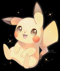  :d black_background brown_eyes commentary_request full_body highres iwasi_29 looking_at_viewer no_humans open_mouth pikachu pokemon pokemon_(creature) pokemon_focus simple_background smile solo sparkle twitter_username watermark 