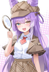  1girl :3 absurdres blue_eyes blush breasts brown_capelet brown_eyes brown_hat brown_skirt capelet collared_shirt commentary_request cone_hair_bun deerstalker detective fang fox_girl fox_tail hair_bun hat heterochromia highres holding holding_magnifying_glass korean_commentary long_hair looking_at_viewer magnifying_glass muru_(muru_zi) necktie open_mouth peaked_cap plaid_clothes plaid_hat plaid_skirt purple_background purple_hair red_necktie shirt short_necktie simple_background skirt small_breasts solo stellive tail tenko_shibuki very_long_hair white_shirt 