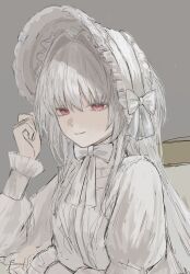  1girl bonnet closed_mouth dress fate/grand_order fate_(series) hair_intakes highres long_hair long_sleeves merlin_(fate/prototype) pink_eyes puffy_long_sleeves puffy_sleeves rurubusandayo smile solo upper_body white_bonnet white_dress white_hair 