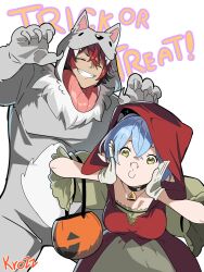 1boy 1girl animal_ears animal_hood big_bad_wolf_(cosplay) halloween komano_manato little_red_riding_hood_(cosplay) long_hair lucia_(zenless_zone_zero) lucia_elowen short_hair trick_or_treat wolf_boy wolf_ears zenless_zone_zero