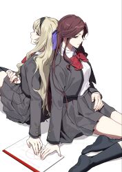  2girls arm_at_side back-to-back black_hairband black_socks black_thighhighs bow bowtie breasts closed_mouth collared_shirt cowboy_shot fingernails fu_iwashibou grey_jacket grey_skirt hair_between_eyes hair_bow hair_ornament hairband half_updo hand_on_lap highres jacket knee_up light_smile long_hair long_sleeves looking_down looking_to_the_side medium_breasts miniskirt multiple_girls no_shoes open_clothes open_jacket parted_bangs pink_eyes pleated_skirt purple_bow red_bow red_bowtie saijou_claudine school_uniform seishou_music_academy_uniform shadow shirt shirt_tucked_in shoujo_kageki_revue_starlight sidelocks sideways_glance simple_background sitting sketchbook skirt socks tendou_maya thigh-highs twitter_username very_long_hair watermark white_background white_shirt x_hair_ornament 