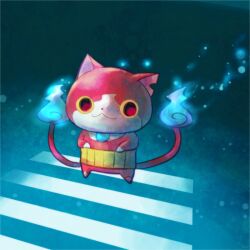  blue_fire crosswalk fire flame-tipped_tail haramaki hitodama jibanyan looking_at_viewer multiple_tails night no_humans notched_ear outdoors red_fur solo tail two_tails u315ygmmm walking youkai_(youkai_watch) youkai_watch 