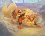  arcanine arena breathing_fire fire highres indoors no_humans on_ground open_mouth pokemon pokemon_(creature) raylak_m rock solo 