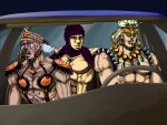  3boys battle_tendency blonde_hair blue_car blue_eyes braid car_interior dark-skinned_male dark_skin earrings esidisi esidisi_crying_(meme) facial_mark grin hat head_scarf headbanging hoop_earrings jewelry jojo_no_kimyou_na_bouken kars_(jojo) left-hand_drive lip_ring male_focus meme metamin_(memethah) multiple_boys muscular muscular_male necklace night official_style red_eyes shoulder_pads shoulder_spikes smile spikes steering_wheel tattoo topless_male turban wamuu what_is_love_(meme) white_hair 