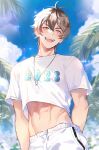  1boy 2023 abs bishounen brown_eyes eiden_(nu_carnival) jewelry light_brown_hair looking_at_viewer male_focus necklace nu_carnival open_mouth owner_bird palm_leaf shirt short_hair short_sleeves white_shirt 