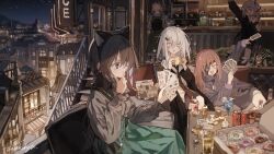  >_< +_+ 5girls arm_up artificial_eye bar_(place) black_hair black_necktie brown_hair building card chair character_request cheering chestnut_mouth city cityscape collared_shirt commentary cup doughnut drink english_commentary entrojessie_monica food glint green_eyes green_skirt grey_hair grey_hoodie hair_ornament hairclip hand_on_own_chin hands_up harly_whealer highres holding holding_card holding_food hood hoodie indoors long_hair long_skirt lounging mechanical_eye multicolored_hair multiple_girls necktie night open_mouth original outdoors playing_card railing shirt short_hair single_mechanical_eye sitting skirt smile stairs standing stroking_own_chin two-tone_hair watakokyu white_hair white_shirt 