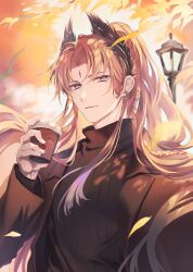  1boy absurdres adapted_costume arknights autumn_leaves bird_boy bishounen black_jacket black_suit black_sweater braid commentary_request cup curtained_hair disposable_coffee_cup disposable_cup ear_piercing falling_leaves feathered_wings forehead_jewel hand_up head_wings highres holding holding_cup jacket lamppost leaf long_hair long_sleeves looking_at_viewer male_focus orange_hair outdoors parted_lips passenger_(arknights) passenger_(dream_in_a_moment)_(arknights) piercing ponytail ramel side_braid solo suit suit_jacket sweater turtleneck turtleneck_sweater upper_body violet_eyes wings 