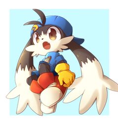  1boy aka_muffler_yamato blue_background blue_headwear blue_shirt brown_eyes fang furry furry_male gloves kaze_no_klonoa klonoa open_mouth pac-man red_footwear shirt sitting solo yellow_gloves 