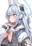  1girl animal_ears black_bow blue_archive blue_hair bow braid closed_mouth crown_braid fake_animal_ears gloves hair_bow halo hand_up haruyuki_(gffewuoutgblubh) headset light_blue_hair light_blush long_hair long_sleeves looking_afar miyako_(blue_archive) neckerchief one_side_up pink_gloves pink_neckerchief plate_carrier rabbit_ears sailor_collar shoulder_pads simple_background solo upper_body violet_eyes white_background white_sailor_collar 