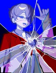  1boy :d alternate_costume alternate_eye_color alternate_hair_color antenna_hair arm_at_side arm_up blue_background blue_eyes collared_shirt colored_skin commentary crack cracked_glass crossed_bangs double-parted_bangs empty_eyes eyepatch fang film_grain from_below grey_hair grey_shirt hair_behind_ear hair_between_eyes hand_on_own_wrist hand_up heart highres holding_own_arm holding_own_wrist index_finger_raised jacket lapels layered_sleeves long_sleeves male_focus medical_eyepatch necktie no_pupils omori omori_(omori) one_eye_covered open_mouth red_jacket rou_(h_s_sinrin) shirt short_hair simple_background smile solo tongue upper_body very_short_hair white_necktie white_skin 