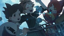  2boys amano_keita blue_fire blush_stickers brown_hair buck_hazeltine chocomin_88 closed_eyes fire flame-tipped_tail ghost haramaki hitodama jibanyan multiple_boys multiple_tails open_mouth red_fur shopping_cart short_hair sparkle tail teeth two_tails whisper_(youkai_watch) youkai_(youkai_watch) youkai_watch youkai_watch_3 