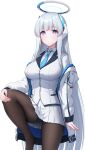  1girl absurdres black_pantyhose blue_archive blue_necktie breasts halo headgear highres jacket long_hair looking_at_viewer mechanical_halo medium_breasts necktie noa_(blue_archive) pantyhose skirt solo topgear very_long_hair violet_eyes white_hair white_jacket white_skirt 
