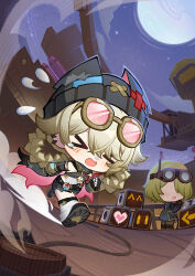  >_< 2girls absurdres bandaid belt black_belt black_hat black_nails braid braided_hair_rings breasts chibi closed_eyes commentary crossed_bangs dot_nose earclip english_commentary eyewear_on_head faceless faceless_female fang flying_sweatdrops full_moon genshin_impact goggles goggles_on_head green_hair hair_between_eyes hair_rings hat heart heart_print highres jahoda_(genshin_impact) long_hair medium_hair moon multiple_girls nail_polish night night_sky official_art open_mouth pantyhose parted_bangs running skirt sky small_breasts standing tearing_up x_hat_ornament 