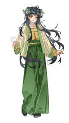  1girl bad_source beizi_(clothing) black_hair chinese_clothes flower full_body hair_flower hair_ornament hanfu highres jacket long_hair long_sleeves looking_at_viewer original pants shirt shuangyaji simple_background smile solo very_long_hair white_background yellow_eyes yellow_shirt 