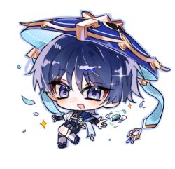  1boy armor black_bodysuit black_bow black_sandals black_shorts blue_cape blue_gemstone blue_hat blunt_ends bodysuit bow bridal_gauntlets cape chibi chibi_only commentary_request eyeliner eyeshadow feathers full_body gem genshin_impact gold gold_ring grey_bridal_gauntlets grey_hair hakama hakama_shorts hat highres japanese_armor japanese_clothes jingasa korean_commentary kote kurokote leg_warmers looking_at_viewer makeup male_focus mandarin_collar middle_ring open_hands open_mouth outstretched_arms pleated_shorts pom_pom_(clothes) red_eyeliner red_eyeshadow sandals scaramouche_(genshin_impact) shorts solo spread_arms tassel tmzkfkdwk tsurime violet_eyes vortex wanderer_(genshin_impact) white_background white_leg_warmers wispy_bangs yellow_feathers zouri 