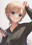  1other adjusting_hair ambiguous_gender androgynous black_shirt blonde_hair blue_eyes cellphone commission earphones earrings highres holding holding_phone jewelry listening_to_music long_sleeves looking_at_viewer medium_hair multiple_rings original other_focus phone ring shirt short_hair skeb_commission smartphone smile usami_(usami_l) 