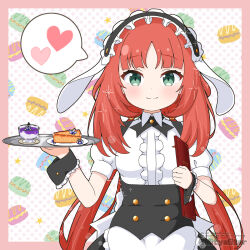 1girl animal_ears apron black_hairband black_skirt closed_mouth collared_shirt commentary_request cosplay fake_animal_ears fleur_de_lapin_uniform floppy_ears food frilled_apron frilled_hairband frills genshin_impact gochuumon_wa_usagi_desu_ka? green_eyes hairband heart highres holding holding_plate long_hair menu mitya nilou_(genshin_impact) parted_bangs plate polka_dot polka_dot_background puffy_short_sleeves puffy_sleeves rabbit_ears red_hair revision shirt short_sleeves skirt smile solo spoken_heart very_long_hair waist_apron waitress white_apron white_background white_shirt wrist_cuffs 