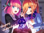  2girls apron bad_food black_jacket black_ribbon blue_eyes blue_nails blue_sweater blunt_bangs blurry blurry_background breasts bright_pupils brown_hair butterfly_hair_ornament chocolate chocolate_on_face collared_shirt commentary depth_of_field floating_skull food food_on_face frown glowing_smoke go-toubun_no_hanayome hair_ornament hair_over_one_eye hair_ribbon hand_up happy_valentine headphones headphones_around_neck holding_hands hyoe_(hachiechi) indoors jacket large_breasts light_blush long_hair looking_at_food medium_hair multiple_girls nail_polish nakano_miku nakano_nino open_mouth ponytail ribbon scared shirt siblings sidelocks sisters sleeves_past_wrists straight_hair sweater tearing_up tears twins two_side_up upper_body v-shaped_eyebrows valentine wavy_mouth white_apron white_pupils white_shirt wide-eyed 