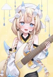 1girl bare_shoulders blonde_hair blue_eyes blue_horns blue_tail blush bow braid commentary_request detached_sleeves electric_guitar fangs guitar hair_ornament hair_over_shoulder hat headset highres holding holding_guitar holding_instrument horns instrument japanese_clothes kadou_mikaru kimono lightning_bolt_hair_ornament lightning_bolt_symbol long_sleeves looking_at_viewer low_twin_braids multicolored_horns nail_polish nijisanji no_jacket open_mouth pom_pom_(clothes) pom_pom_hair_ornament puffy_long_sleeves puffy_sleeves shibainu sidelocks smile solo twin_braids twintails two-tone_horns two-tone_tail upper_body virtual_youtuber white_bow white_hat white_horns white_kimono white_tail x_hair_ornament yellow_background yellow_nails