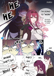  2boys 2girls absurdres age_difference anger_vein artist_name barabin black_hair blade_(honkai:_star_rail) caelus_(honkai:_star_rail) commentary english_commentary english_text eyewear_on_head grey_hair highres honkai:_star_rail honkai_(series) instagram_logo instagram_username kafka_(honkai:_star_rail) long_hair long_sleeves multiple_boys multiple_girls purple_hair red_eyes shirt speech_bubble stelle_(honkai:_star_rail) sunglasses trailblazer_(honkai:_star_rail) twitter_logo violet_eyes wavy_eyes 