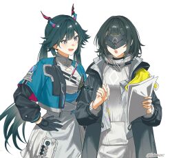 2girls absurdres aqua_jacket arknights arknights:_endfield black_coat black_gloves black_hair black_visor chen_qianyu_(arknights) coat commentary dragon_girl dragon_horns eastern_dragon_horns endministrator_(arknights) female_endministrator_(arknights) gloves grey_shirt grey_skirt grey_sweater highres holding holding_paper holding_pencil horns jacket looking_at_another multiple_girls natsuki_(2917) open_clothes open_coat open_mouth paper pencil shirt simple_background skirt sweater symbol-only_commentary turtleneck turtleneck_sweater twintails white_background 