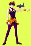  1boy aerosmith_(stand) bare_shoulders black_eyes black_hair full_body headband jojo_no_kimyou_na_bouken k_(kktkk) male_focus miniskirt narancia_ghirga outstretched_arms skirt standing toy_airplane vento_aureo waist_cape 