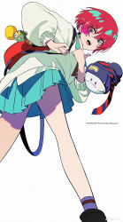  1girl absurdres amate_yuzuriha aqua_eyes bag blush breasts collared_shirt commentary_request copyright_name english_text ensign_(i_can_friday_by_day!) gundam gundam_gquuuuuux haro hat highres i_can_friday_by_day! kneepits long_sleeves looking_at_viewer looking_back necktie open_mouth red_hair school_bag school_uniform shirt short_hair simple_background skirt smile sweater watermark weibo_watermark white_background z3zz4 