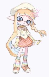  1girl 1n0chi arm_warmers beret blonde_hair blue_eyes blue_leg_warmers braid closed_mouth eyebrow_cut full_body green_leg_warmers hair_ornament hat hat_ornament highres inkling inkling_girl inkling_player_character leg_warmers long_hair long_pointy_ears looking_at_viewer multicolored_leg_warmers orange_shoes orange_skirt pink_leg_warmers plaid_clothes plaid_skirt pointy_ears polka_dot polka_dot_scarf purple_leg_warmers red_leg_warmers ringed_eyes scarf shirt shoes short_sleeves single_braid single_off_shoulder skirt skirt_hold smile sneakers solo splatoon_(series) standing star_(symbol) star_hair_ornament star_hat_ornament striped_arm_warmers striped_leg_warmers t-shirt tentacle_hair two-tone_arm_warmers very_long_hair white_arm_warmers white_leg_warmers yellow_arm_warmers yellow_hat yellow_leg_warmers yellow_scarf yellow_shirt 