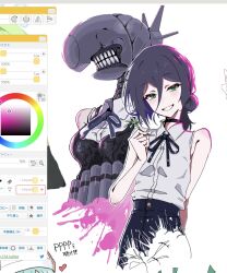  1girl apron art_program_in_frame bare_arms black_apron black_choker black_ribbon bomb_devil_(chainsaw_man) breasts chainsaw_man choker collared_shirt color_picker commentary_request cropped_torso double-parted_bangs dual_persona dynamite explosive flower green_eyes grenade_pin hair_between_eyes hair_bun highres holding holding_flower looking_at_viewer medium_breasts neck_ribbon purple_hair reze_(chainsaw_man) ribbon shirt short_hair single_hair_bun sleeveless sleeveless_shirt smile uni_gyoza white_background white_shirt 