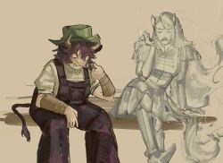  2girls annoyed bead_bracelet beads bracelet breasts brown_arm_warmers check_copyright cigarette clenched_teeth closed_eyes collared_shirt collared_vest commentary copyright_request cow_girl cow_horns cow_tail cowboy_hat demon_horns english_commentary epaulettes fanning_self farmer feet_out_of_frame fire ghost green_hat grey_background hakama hakama_short_skirt hakama_skirt hand_on_own_knee hat hatsburg high_collar highres hitodama holding holding_cigarette holding_lighter horns japanese_clothes jewelry lighter long_hair medium_breasts mouth_hold multiple_girls original overalls pants pants_under_skirt pointy_boots print_overalls puffy_short_sleeves puffy_sleeves purple_hair purple_overalls shirt short_hair short_sleeves showgirl_skirt simple_background sitting skirt smoking star_(symbol) star_print tail teeth very_long_hair vest white_horns white_shirt 