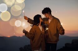  artist_name black_hair black_pants blurry bokeh breasts brown_cardigan cardigan commentary cowboy_shot depth_of_field eren_yeager fireworks hair_between_eyes holding holding_fireworks long_hair looking_at_another medium_breasts mikasa_ackerman open_mouth outdoors pants scar scar_on_cheek scar_on_face shingeki_no_kyojin shirt short_hair smile sparkler sumiensp sunset symbol-only_commentary white_shirt 