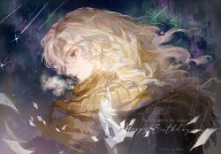 1girl 1other absurdres black_jacket blonde_hair brown_scarf character_request chinese_commentary commentary_request curtained_hair dated earrings english_text flying_paper folder from_side happy_birthday highres holding holding_folder jacket jewelry lab_coat long_hair luori_dianxin paper parted_lips profile reverse:1999 scarf shooting_star standing stud_earrings upper_body violet_eyes windsong_(reverse:1999) 