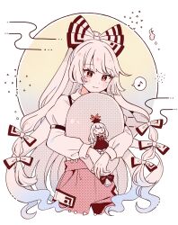 1girl balloon blush bow character_doll collared_shirt commentary_request cropped_legs doll egasumi fujiwara_no_mokou hair_bow halftone highres holding holding_balloon juliet_sleeves kamishirasawa_keine long_hair long_sleeves mozukuzu_(manukedori) multiple_hair_bows musical_note ofuda ofuda_on_clothes pants puffy_sleeves red_eyes red_pants shirt sidelocks solo spoken_musical_note touhou very_long_hair white_hair white_shirt 