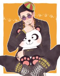  1boy black_hair black_jacket black_pants boots border closed_mouth commentary_request facial_hair goatee hair_slicked_back hat holding holding_stuffed_toy jacket jewelry lace-up_boots looking_at_viewer male_focus mature_male multiple_rings mustache orange_background pants purple-tinted_eyewear ring ryuu_ga_gotoku_(series) ryuu_ga_gotoku_7 short_hair sideburns sitting smile solo striped_hat stuffed_animal stuffed_panda stuffed_toy tinted_eyewear white_border yuuri_(yuri83) zhao_tianyou 