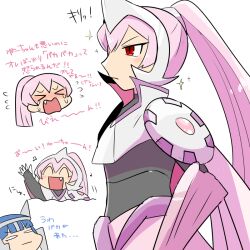  1boy 1girl armor blank_eyes blue_hair blush blush_stickers cartier_(kasugai_(de-tteiu)) crying eve_(kasugai_(de-tteiu)) fake_horns flying_teardrops high_ponytail horned_headwear horns kasugai_(de-tteiu) personification pink_armor pink_hair pink_wings pokemon pokemon_dppt ponytail red_eyes sparkle translated wings 