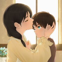  1boy 1girl apron aqua_eyes black_hair brown_eyes brown_hair brown_shirt carla_yeager child commentary_request dress eren_yeager flower hair_between_eyes half-closed_eyes hand_in_another's_hair highres kiss kissing_forehead long_hair long_sleeves looking_at_another low-tied_long_hair mother_and_son one_eye_closed parted_bangs parted_lips puffy_long_sleeves puffy_sleeves shingeki_no_kyojin shirt short_hair sunlight szm_426 twintails upper_body white_apron window yellow_dress 