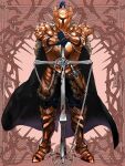  1other armor blood blood_on_weapon boots brown_background cape dairoku_ryouhei facing_viewer full_body fur_trim gauntlets helmet knife shakamuni sheath sheathed solo standing weapon 