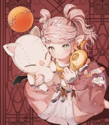  1girl blush chocobo commentary_request dress final_fantasy final_fantasy_xiv from_above green_eyes highres lalafell looking_at_viewer looking_up moogle mugi_kosuta nanamo_ul_namo pink_dress pink_hair short_twintails signature smile solo stuffed_toy twintails twitter_username 