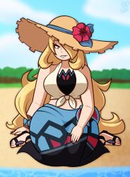 1girl absurdres bare_shoulders beach blonde_hair blue_sarong blue_sky breasts brown_hat clouds cynthia_(pokemon) cynthia_(summer_2025)_(pokemon) day flower full_body hair_over_one_eye hand_on_own_thigh hat hat_flower high_heel_sandals highres large_breasts long_hair looking_at_viewer one_eye_covered open_mouth outdoors pokemon pokemon_masters_ex sand sandals sarong shirt sitting skirt sky smile solo straw_hat sun_hat swimsuit tied_shirt very_long_hair wariza wolfgangbirdie 