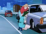  2girl 80s anime_screencap blue_pants blue_sky car city city_hunter cityscape flat_tire ground_vehicle mini_cooper road 