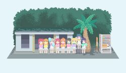  absurdres ahoge arm_up bare_legs black_hair blonde_hair blue_eyes blue_hair brown_eyes brown_hair chibi everyone facing_viewer green_eyes green_necktie grey_hair hair_ornament highres kunikida_hanamaru kurosawa_dia kurosawa_ruby legs long_hair love_live! love_live!_sunshine!! matsuura_kanan multiple_girls neckerchief necktie ohara_mari orange_hair outdoors palm_tree pixel_art pom_pom_(cheerleading) ponytail purple_hair red_eyes red_hair red_neckerchief red_necktie sakurauchi_riko school_uniform shadow short_hair side_ponytail sign takami_chika thighs tree tsushima_yoshiko twintails uranohoshi_school_uniform user_fnhx7357 vending_machine violet_eyes watanabe_you yellow_eyes yellow_necktie 