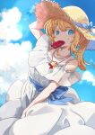  1girl blonde_hair blue_eyes blue_sky character_request clouds cloudy_sky commentary_request day dress food food_in_mouth hand_on_headwear hat highres indie_virtual_youtuber jewelry lens_flare long_hair necklace outdoors ponytail popsicle popsicle_in_mouth sky solo straw_hat totomono virtual_youtuber white_dress 