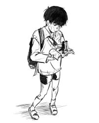  3boys backpack bag bandage_on_face bandages black_hair black_shorts book collared_shirt full_body greyscale holding holding_book kim_dokja mini_person miniboy monochrome multiple_boys necktie oldest_dream omniscient_reader's_viewpoint open_book pigeon-toed ryeomwoo_d shirt short_hair shorts smile standing vest yoo_joonghyuk 