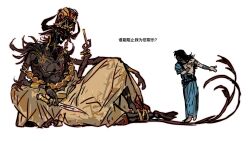 2boys abaddon_(demon)_(haunted_hotel) abaddon_(haunted_hotel) arabian_clothes blood blood_on_knife blue_robe bowing brown_hair chinese_commentary chinese_text claws commentary_request dagger demon dual_persona earrings extra_arms haunted_hotel highres holding holding_dagger holding_knife holding_weapon hooves horns jewelry knife long_hair male_focus multiple_boys nipple_chain nipple_piercing piercing priest's_son_(haunted_hotel) red_eyes repeeksdnuorg robe simple_background sitting skirt solo sultan's_game tail topless_male translation_request turban weapon white_background yellow_skirt 