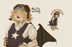  1girl 1other androgynous bare_arms bat_wings black_wings blonde_hair boots brown-framed_eyewear brown-tinted_eyewear brown_boots check_copyright closed_eyes closed_mouth collared_shirt commentary copyright_request cow_girl cow_horns cow_tail cowboy_hat english_commentary english_text farmer frown gloves goggles goggles_on_head green_hat grey_background grey_helmet hair_between_eyes hands_on_own_hips hat hatsburg helmet horns how_hungry..._(meme) leaning_forward len'en light_blush looking_at_another meme nostrils open_mouth original overalls print_vest puffy_short_sleeves puffy_sleeves purple_hair purple_overalls purple_vest realistic round_eyewear shirt short_hair short_sleeves simple_background standing star_(symbol) star_print tail teeth tinted_eyewear umatachi_tsugumi unamused upper_body upper_teeth_only vest wavy_hair white_gloves white_horns white_shirt wings 