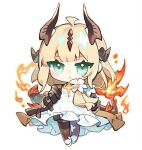  1girl :&lt; arknights blonde_hair chibi commentary dress fire flame-tipped_tail full_body green_eyes highres horns long_hair looking_at_viewer niko_(nikooo2016) reed_(arknights) reed_the_flame_shadow_(arknights) simple_background solo symbol-only_commentary tail white_background white_dress 