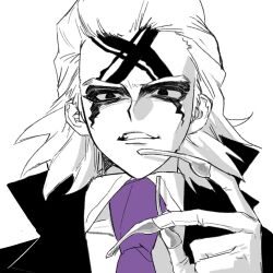  1boy atuo517 black_eyes claws clenched_teeth dr._stone facial_mark hair_slicked_back highres looking_at_viewer male_focus monochrome necktie serious shirt simple_background sketch smile solo spot_color tattoo teeth white_background white_hair xeno_(dr.stone) 